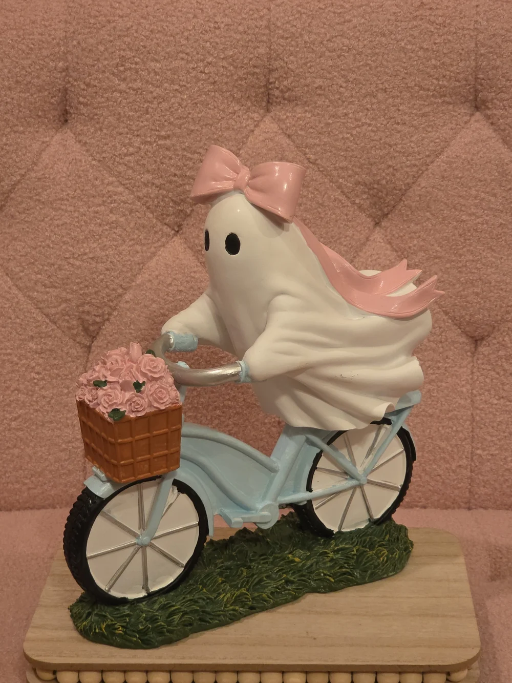 Pink Bow Ghost on Blue Bicycle Figurine with Flower Basket